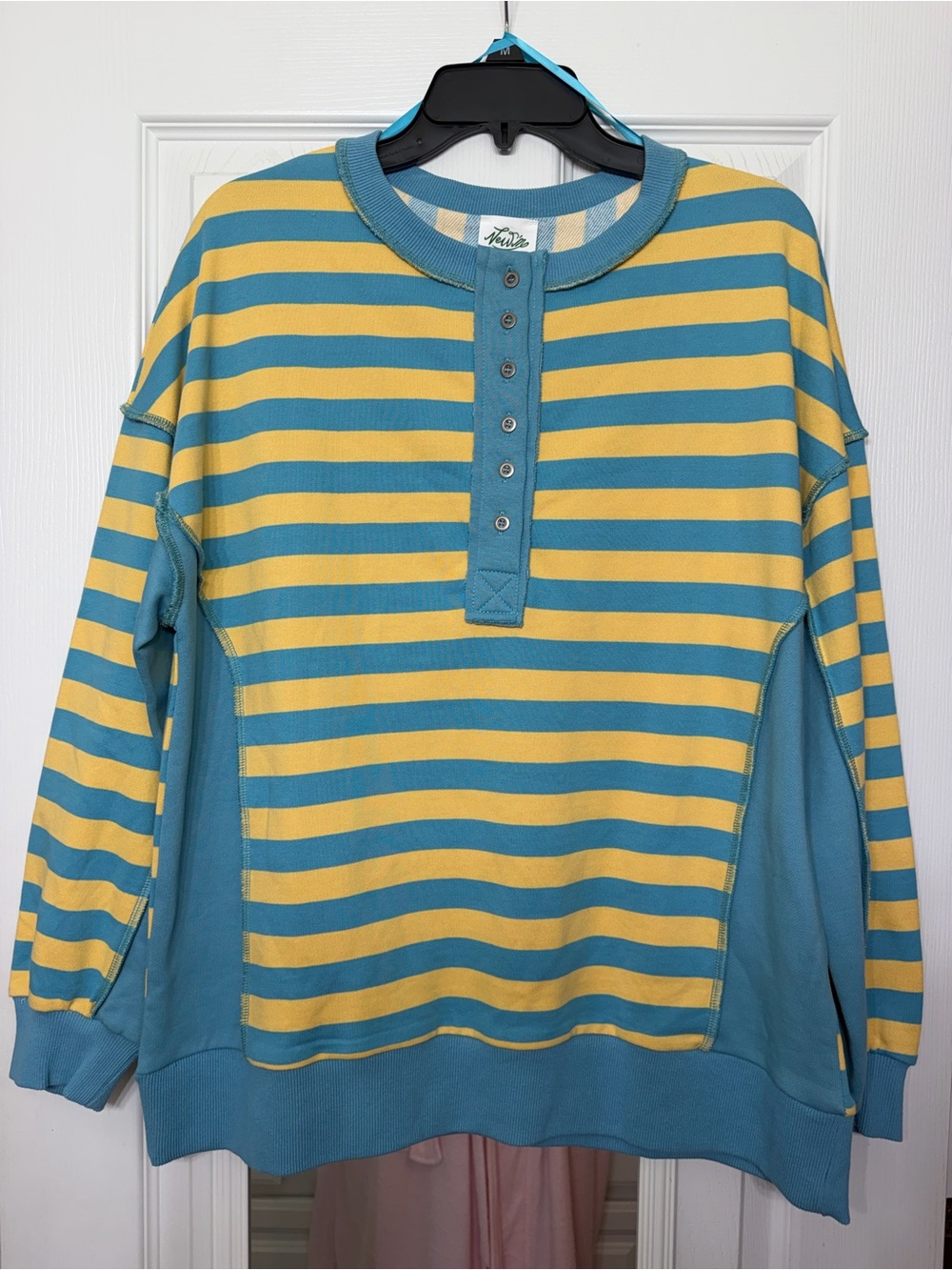 NewVin Striped Crewneck Henley Top in Yellow & Teal - NWT